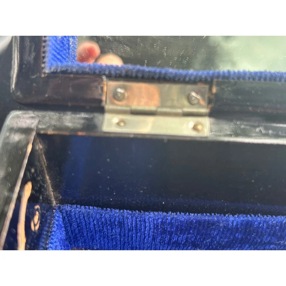 Vintage Japanese Lacquer Jewelry Box Abalone Inlay Mt Fuji Pagoda Black Blue